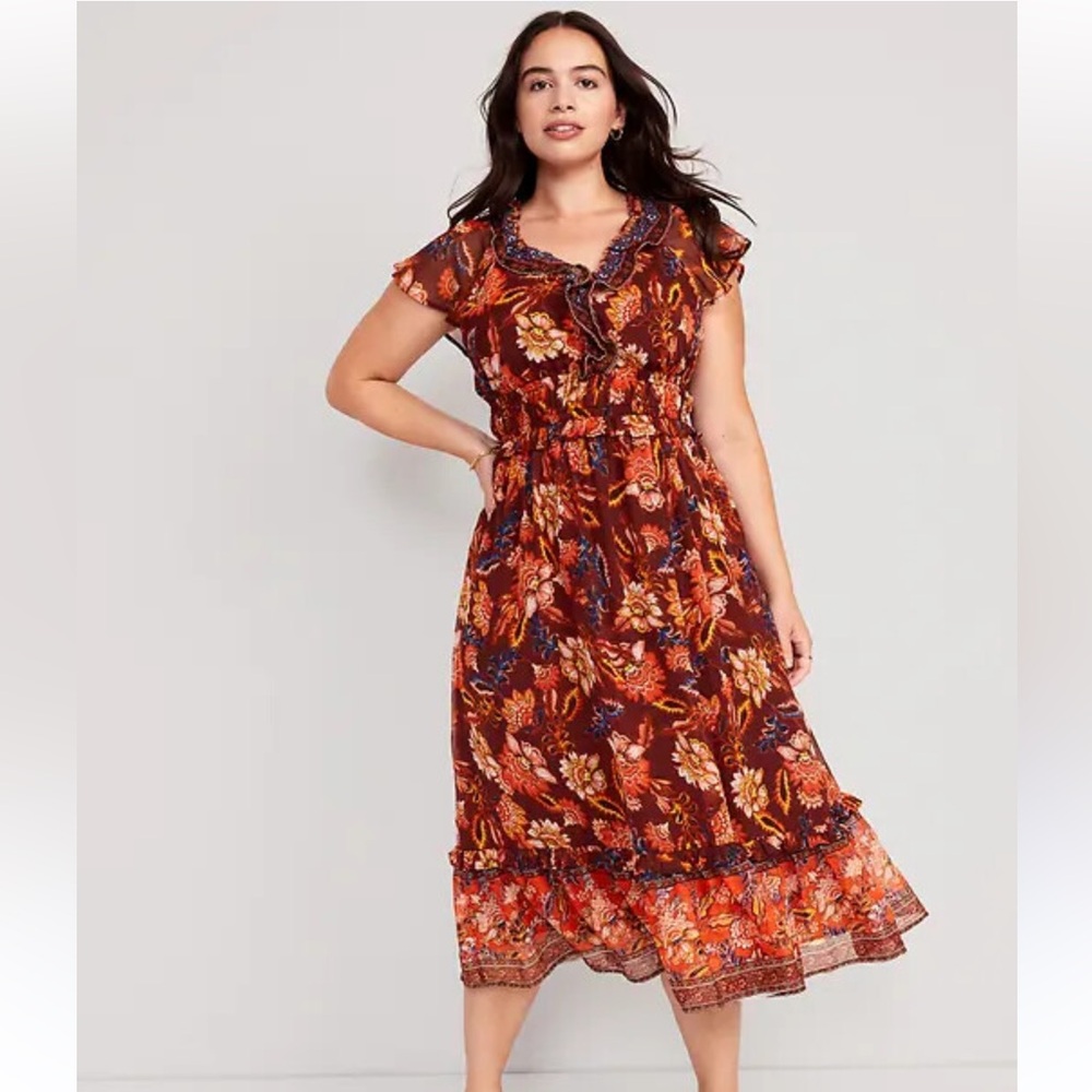 Old Navy Ruffle Tiered Flutter Sleeve Floral V Neck Midi Dress